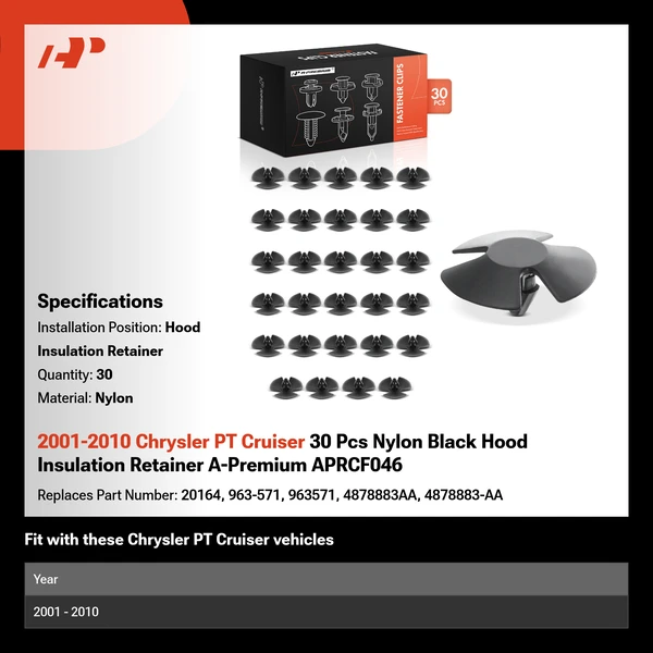 2001-2010 Chrysler PT Cruiser 30 Pcs Nylon Black Hood Insulation Retainer A-Premium APRCF046