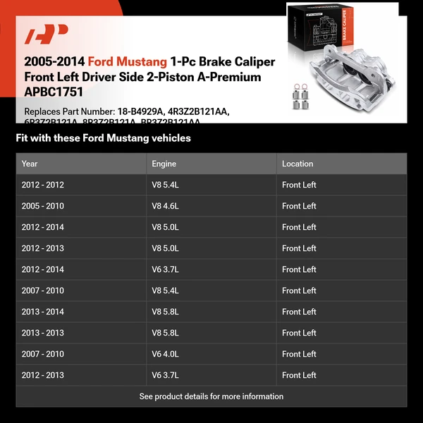 2005-2014 Ford Mustang 1-Pc Brake Caliper Front Left Driver Side 2-Piston A-Premium APBC1751