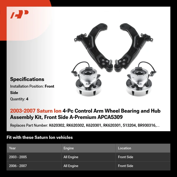 2003-2007 Saturn Ion 4-Pc Control Arm Wheel Bearing and Hub Assembly Kit, Front Side A-Premium APCA5309