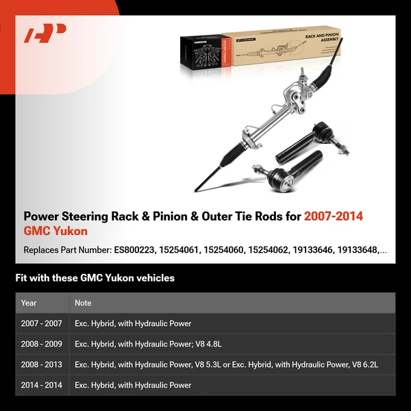 Power Steering Rack & Pinion & Outer Tie Rods for 2007-2014 GMC Yukon