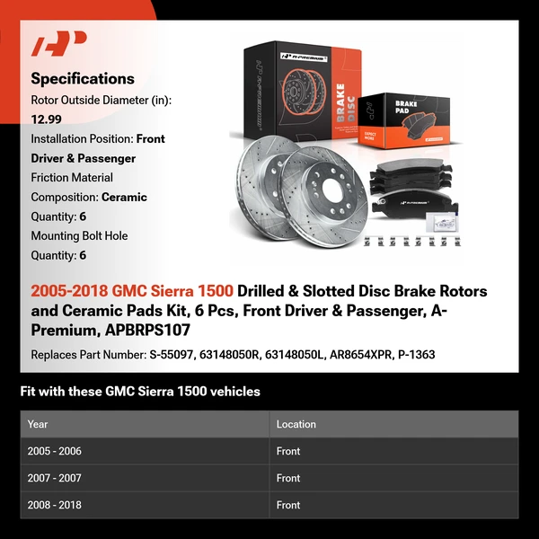 2005-2018 GMC Sierra 1500 Drilled & Slotted Disc Brake Rotors and Ceramic Pads Kit, 6 Pcs, Front Driver & Passenger, A-Premium, APBRPS107
