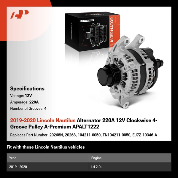 2019-2020 Lincoln Nautilus Alternator 220A 12V Clockwise 4-Groove Pulley A-Premium APALT1222