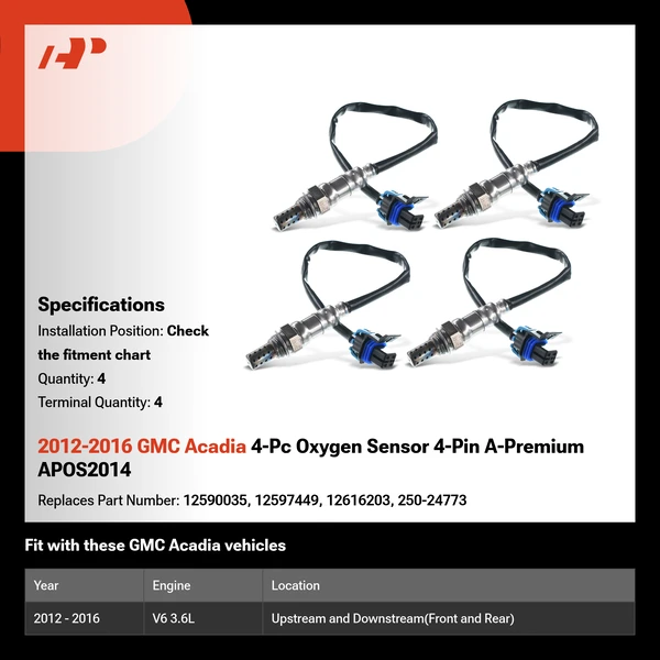 2012-2016 GMC Acadia 4-Pc Oxygen Sensor 4-Pin A-Premium APOS2014