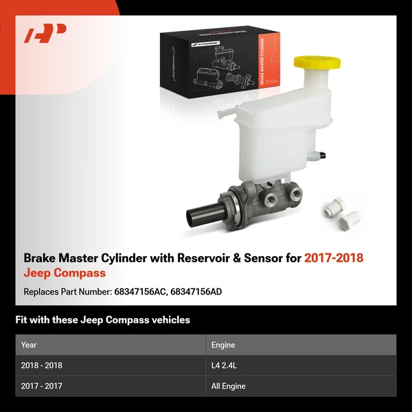 Brake Master Cylinder with Reservoir & Sensor for 2017-2018 Jeep Compass