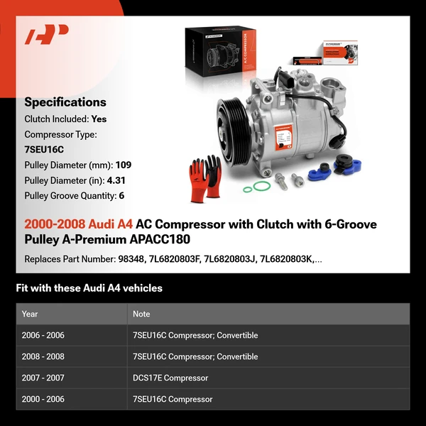 2000-2008 Audi A4 AC Compressor with Clutch with 6-Groove Pulley A-Premium APACC180