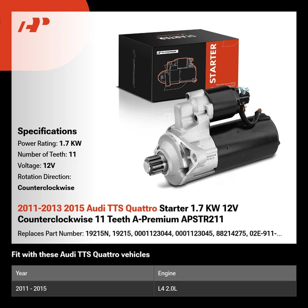 2011-2013 2015 Audi TTS Quattro Starter 1.7 KW 12V Counterclockwise 11 Teeth A-Premium APSTR211