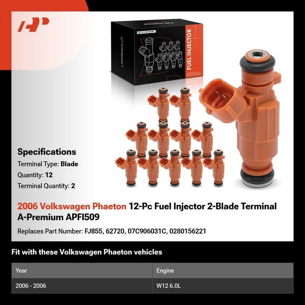 2006 Volkswagen Phaeton 12-Pc Fuel Injector 2-Blade Terminal A-Premium APFI509