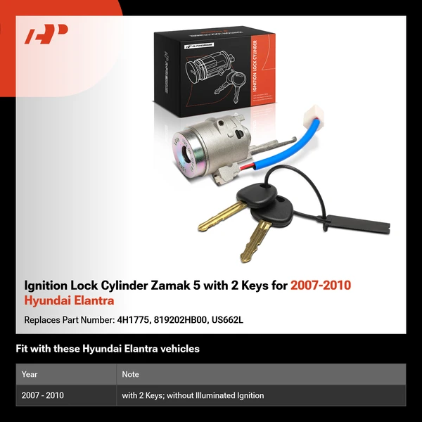 Ignition Lock Cylinder Zamak 5 with 2 Keys for 2007-2010 Hyundai Elantra