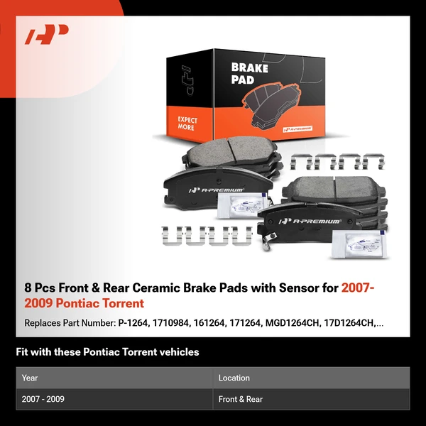8 Pcs Front & Rear Ceramic Brake Pads with Sensor for 2007-2009 Pontiac Torrent