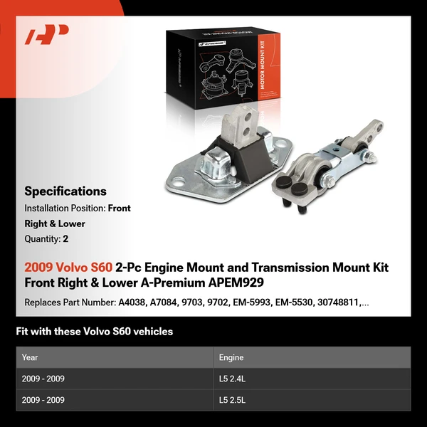 2009 Volvo S60 2-Pc Engine Mount and Transmission Mount Kit Front Right & Lower A-Premium APEM929