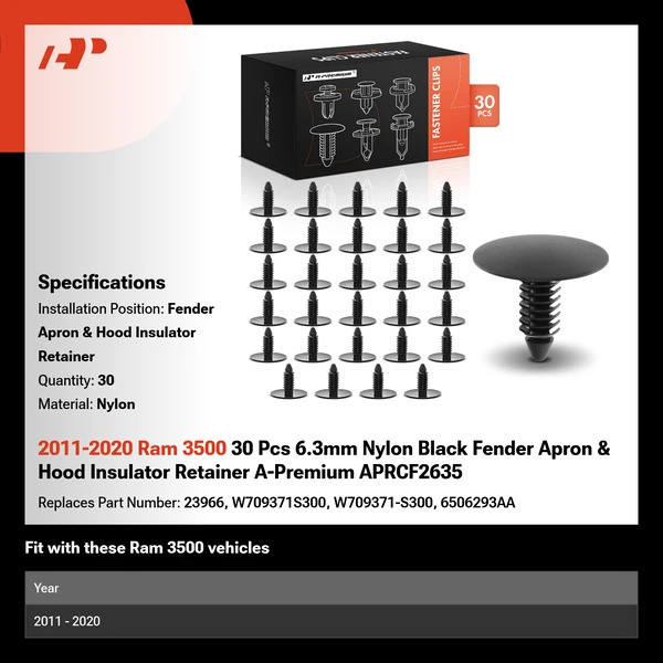 2011-2020 Ram 3500 30 Pcs 6.3mm Nylon Black Fender Apron & Hood Insulator Retainer A-Premium APRCF2635