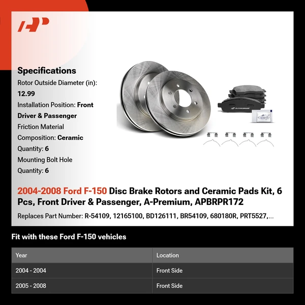2004-2008 Ford F-150 Disc Brake Rotors and Ceramic Pads Kit, 6 Pcs, Front Driver & Passenger, A-Premium, APBRPR172