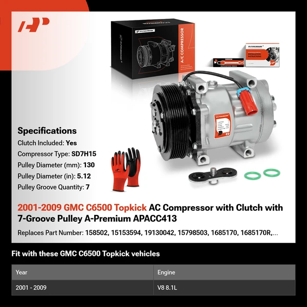 2001-2009 GMC C6500 Topkick AC Compressor with Clutch with 7-Groove Pulley A-Premium APACC413