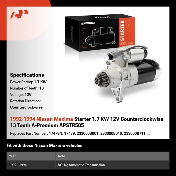 1992-1994 Nissan Maxima Starter 1.7 KW 12V Counterclockwise 13 Teeth A-Premium APSTR505