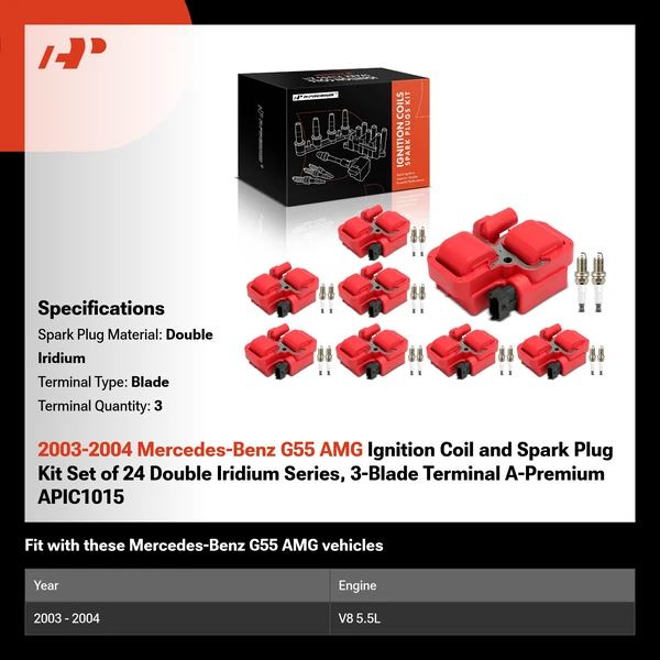 2003-2004 Mercedes-Benz G55 AMG Ignition Coil and Spark Plug Kit Set of 24 Double Iridium Series, 3-Blade Terminal A-Premium APIC1015