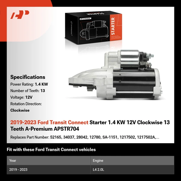 2019-2023 Ford Transit Connect Starter 1.4 KW 12V Clockwise 13 Teeth A-Premium APSTR704