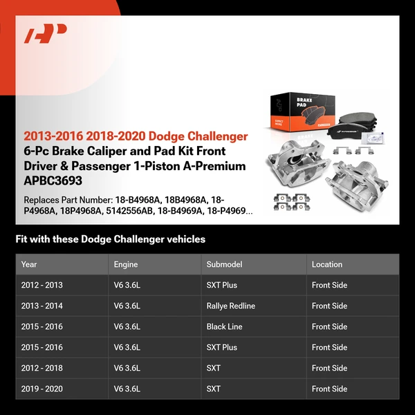 2013-2016 2018-2020 Dodge Challenger 6-Pc Brake Caliper and Pad Kit Front Driver & Passenger 1-Piston A-Premium APBC3693