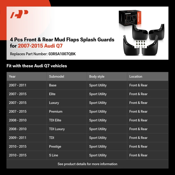 4 Pcs Front & Rear Mud Flaps Splash Guards for 2007-2015 Audi Q7