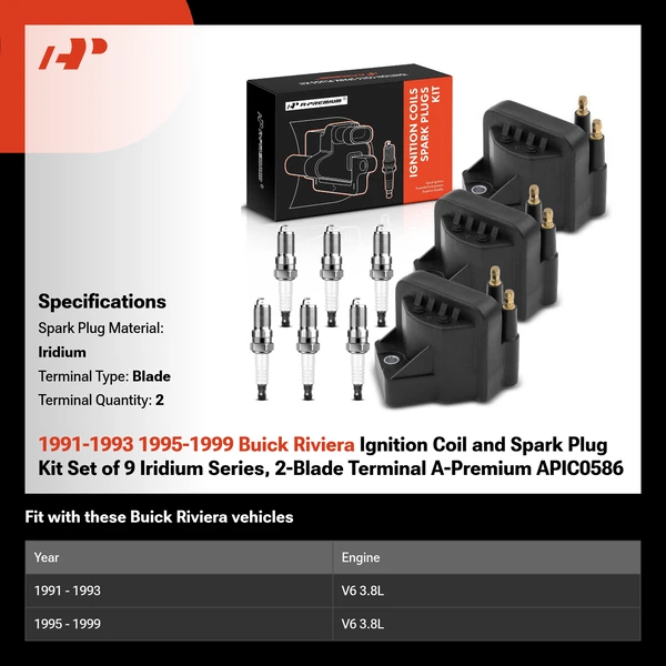 1991-1993 1995-1999 Buick Riviera Ignition Coil and Spark Plug Kit Set of 9 Iridium Series, 2-Blade Terminal A-Premium APIC0586