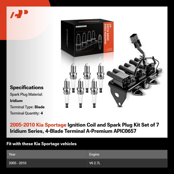 2005-2010 Kia Sportage Ignition Coil and Spark Plug Kit Set of 7 Iridium Series, 4-Blade Terminal A-Premium APIC0657