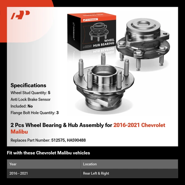 2 Pcs Wheel Bearing & Hub Assembly for 2016-2021 Chevrolet Malibu