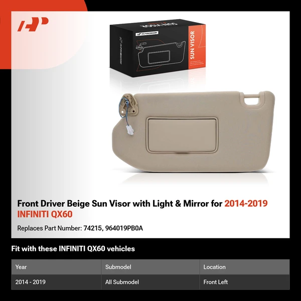 Front Driver Beige Sun Visor with Light & Mirror for 2014-2019 INFINITI QX60