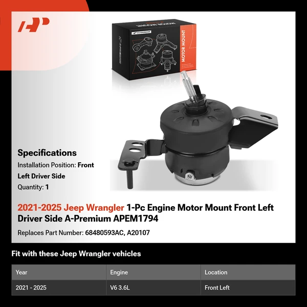 2021-2025 Jeep Wrangler 1-Pc Engine Motor Mount Front Left Driver Side A-Premium APEM1794