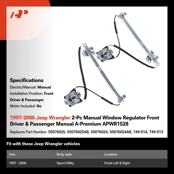 1997-2006 Jeep Wrangler 2-Pc Manual Window Regulator Front Driver & Passenger Manual A-Premium APWR1528