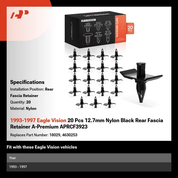 1993-1997 Eagle Vision 20 Pcs 12.7mm Nylon Black Rear Fascia Retainer A-Premium APRCF3923