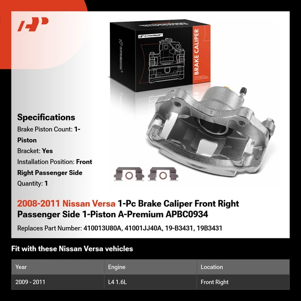 2008-2011 Nissan Versa 1-Pc Brake Caliper Front Right Passenger Side 1-Piston A-Premium APBC0934