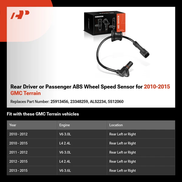 Rear Driver or Passenger ABS Wheel Speed Sensor for 2010-2015 GMC Terrain