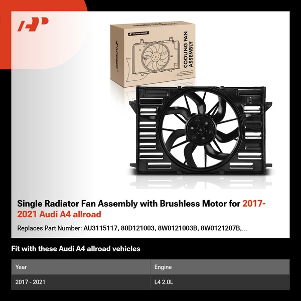 Single Radiator Fan Assembly with Brushless Motor for 2017-2021 Audi A4 allroad