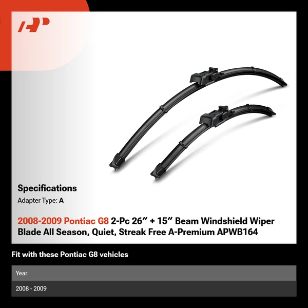 2008-2009 Pontiac G8 2-Pc 26″ + 15″ Beam Windshield Wiper Blade All Season, Quiet, Streak Free A-Premium APWB164