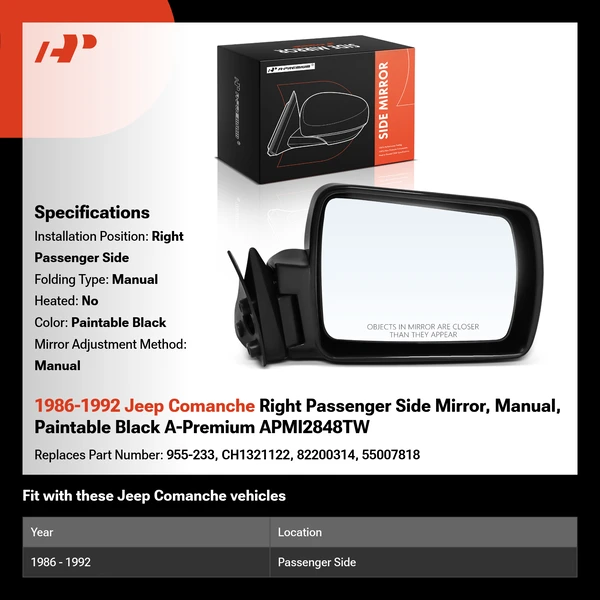 1986-1992 Jeep Comanche Right Passenger Side Mirror, Manual, Paintable Black A-Premium APMI2848TW