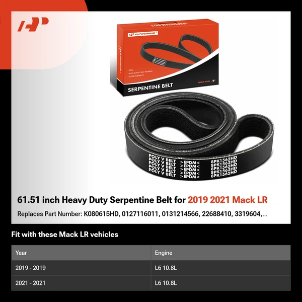 61.51 inch Heavy Duty Serpentine Belt for 2019 2021 Mack LR