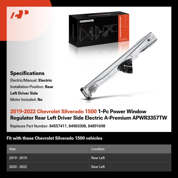 2019-2022 Chevrolet Silverado 1500 1-Pc Power Window Regulator Rear Left Driver Side Electric A-Premium APWR3357TW