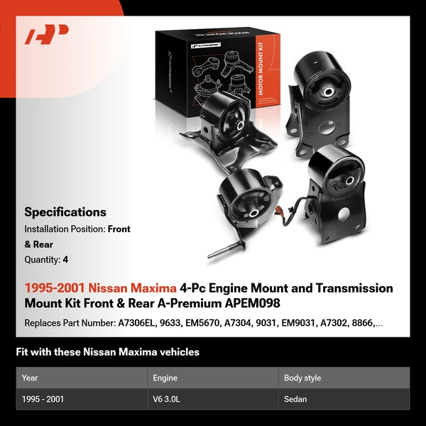 1995-2001 Nissan Maxima 4-Pc Engine Mount and Transmission Mount Kit Front & Rear A-Premium APEM098