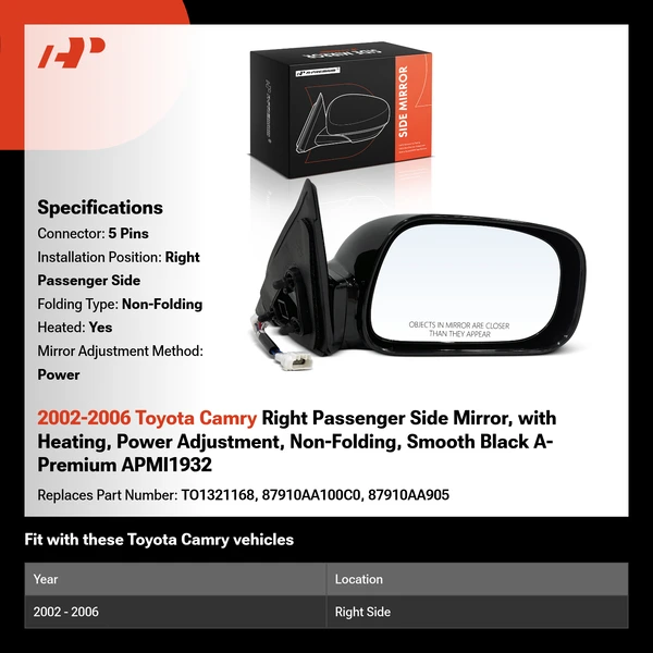 2002-2006 Toyota Camry Right Passenger Side Mirror, with Heating, Power Adjustment, Non-Folding, Smooth Black A-Premium APMI1932