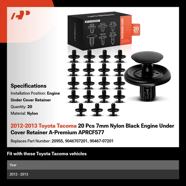 2012-2013 Toyota Tacoma 20 Pcs 7mm Nylon Black Engine Under Cover Retainer A-Premium APRCF577