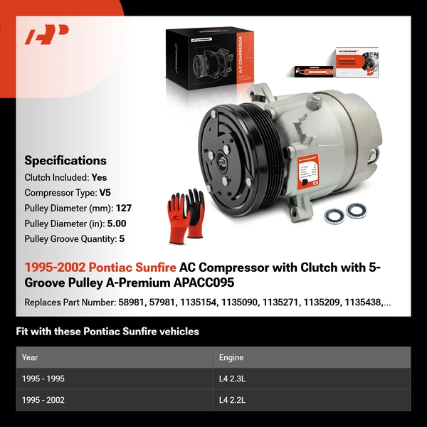 1995-2002 Pontiac Sunfire AC Compressor with Clutch with 5-Groove Pulley A-Premium APACC095