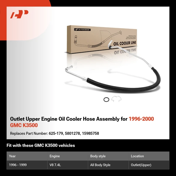Outlet Upper Engine Oil Cooler Hose Assembly for 1996-2000 GMC K3500