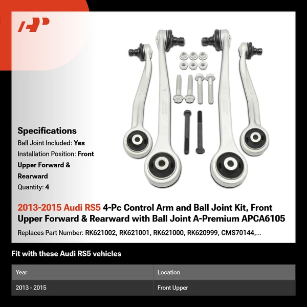 2013-2015 Audi RS5 4-Pc Control Arm and Ball Joint Kit, Front Upper Forward & Rearward with Ball Joint A-Premium APCA6105