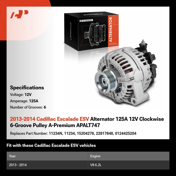 2013-2014 Cadillac Escalade ESV Alternator 125A 12V Clockwise 6-Groove Pulley A-Premium APALT747