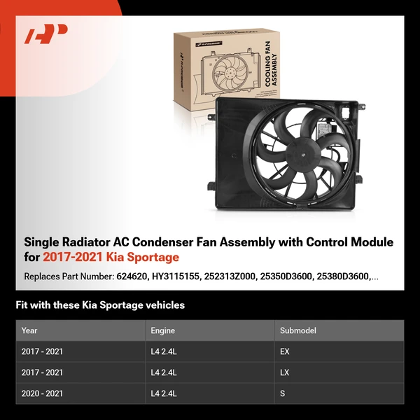 Single Radiator AC Condenser Fan Assembly with Control Module for 2017-2021 Kia Sportage