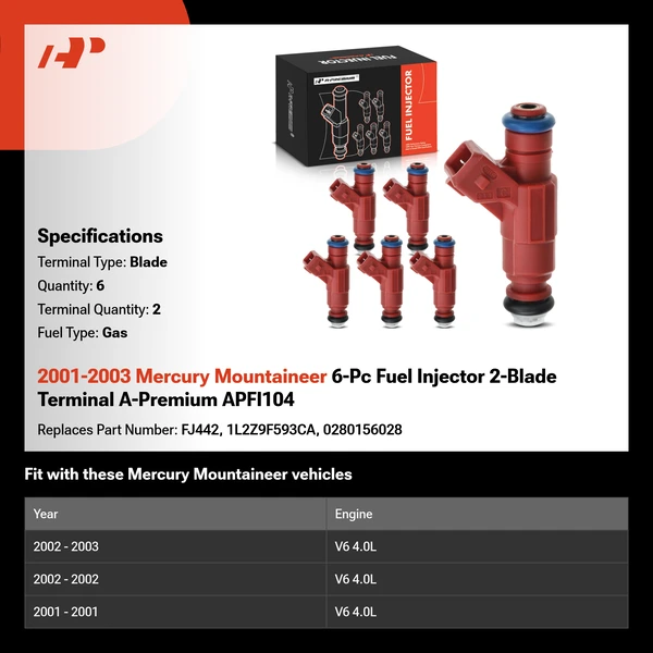 2001-2003 Mercury Mountaineer 6-Pc Fuel Injector 2-Blade Terminal A-Premium APFI104