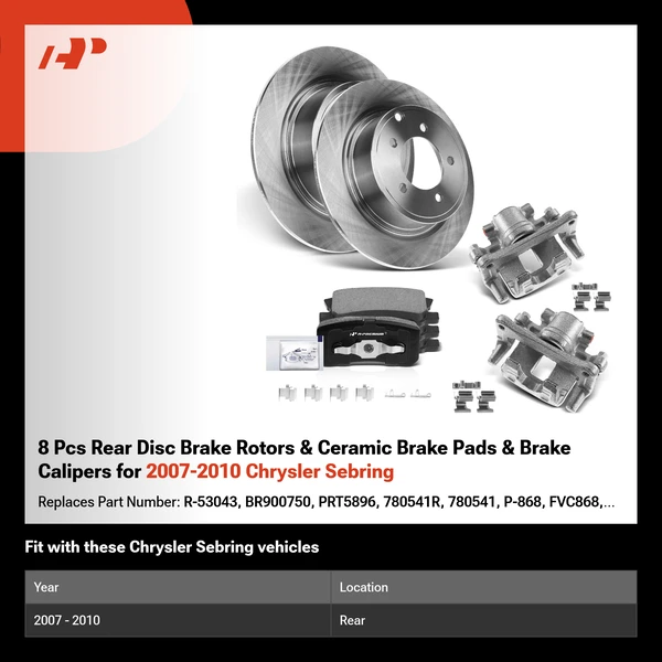 8 Pcs Rear Disc Brake Rotors & Ceramic Brake Pads & Brake Calipers for 2007-2010 Chrysler Sebring