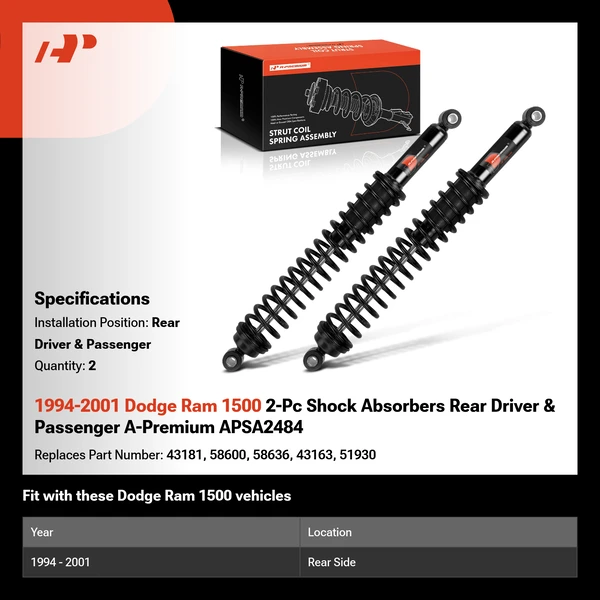 1994-2001 Dodge Ram 1500 2-Pc Shock Absorbers Rear Driver & Passenger A-Premium APSA2484