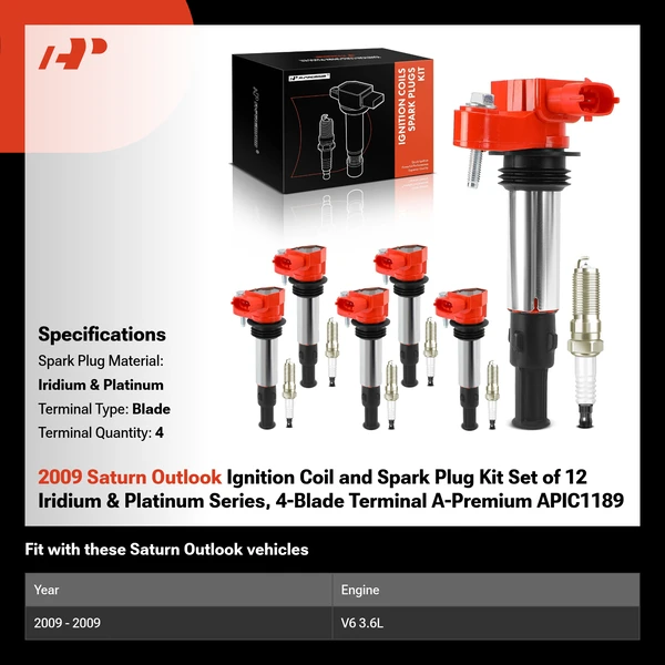 2009 Saturn Outlook Ignition Coil and Spark Plug Kit Set of 12 Iridium & Platinum Series, 4-Blade Terminal A-Premium APIC1189