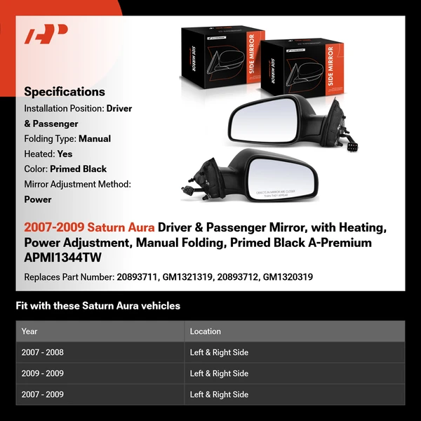 2007-2009 Saturn Aura Driver & Passenger Mirror, with Heating, Power Adjustment, Manual Folding, Primed Black A-Premium APMI1344TW