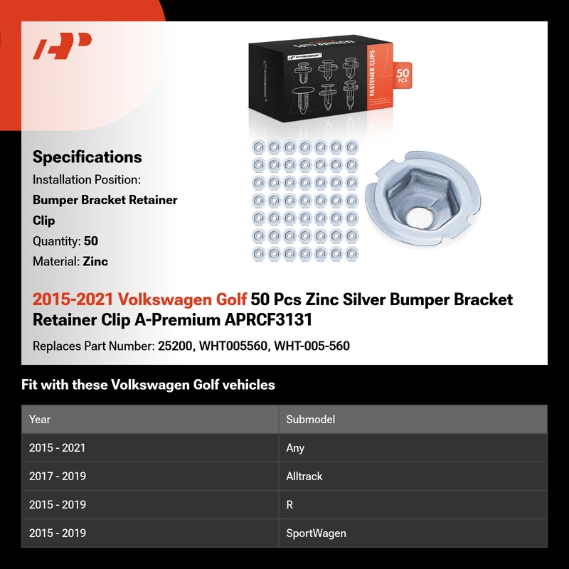 2015-2021 Volkswagen Golf 50 Pcs Zinc Silver Bumper Bracket Retainer Clip A-Premium APRCF3131